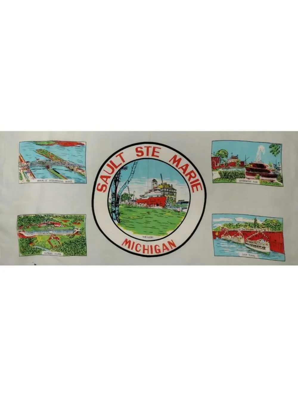 Vintage 1960s MICHIGAN SCARF SAULT STE. MARIE Souvenir Boat Ferry LARGE SIZE 28